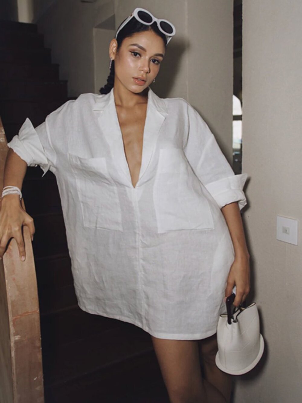 Commense Oversized Linen-Blend Semi-Sheer Long Sleeve Dress